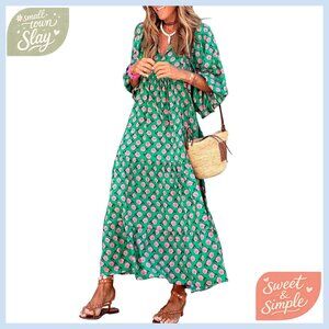 Plus Size V-Neck Maxi Dress with Pockets, Loose Fit Bohemian Summer Dress